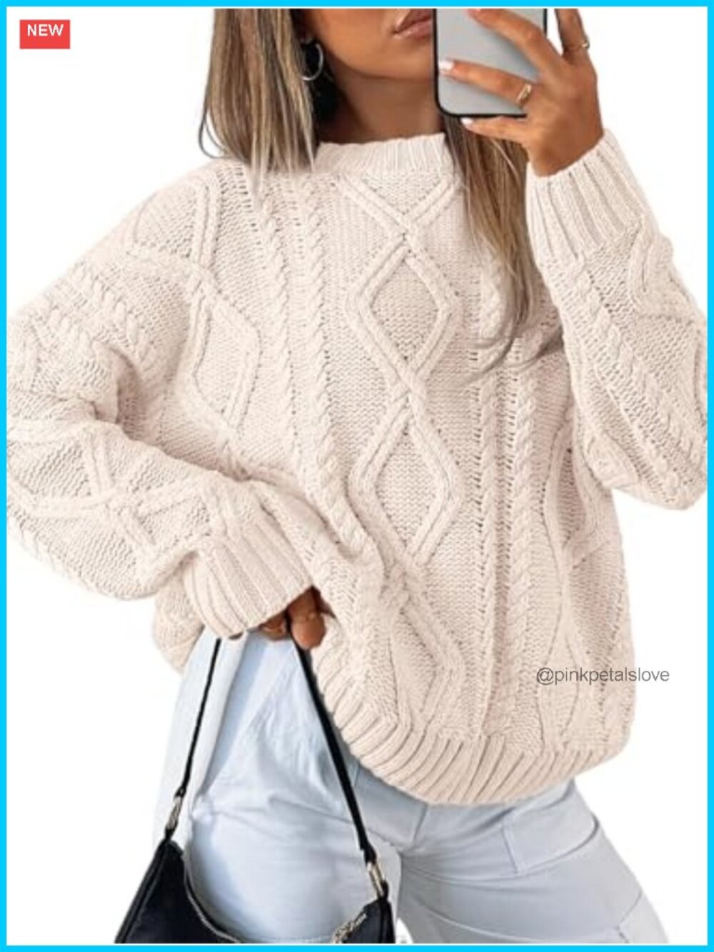 Oversized Cable Knit Cotton Blend Pullover Sweater Crew Neck Long Sleeve